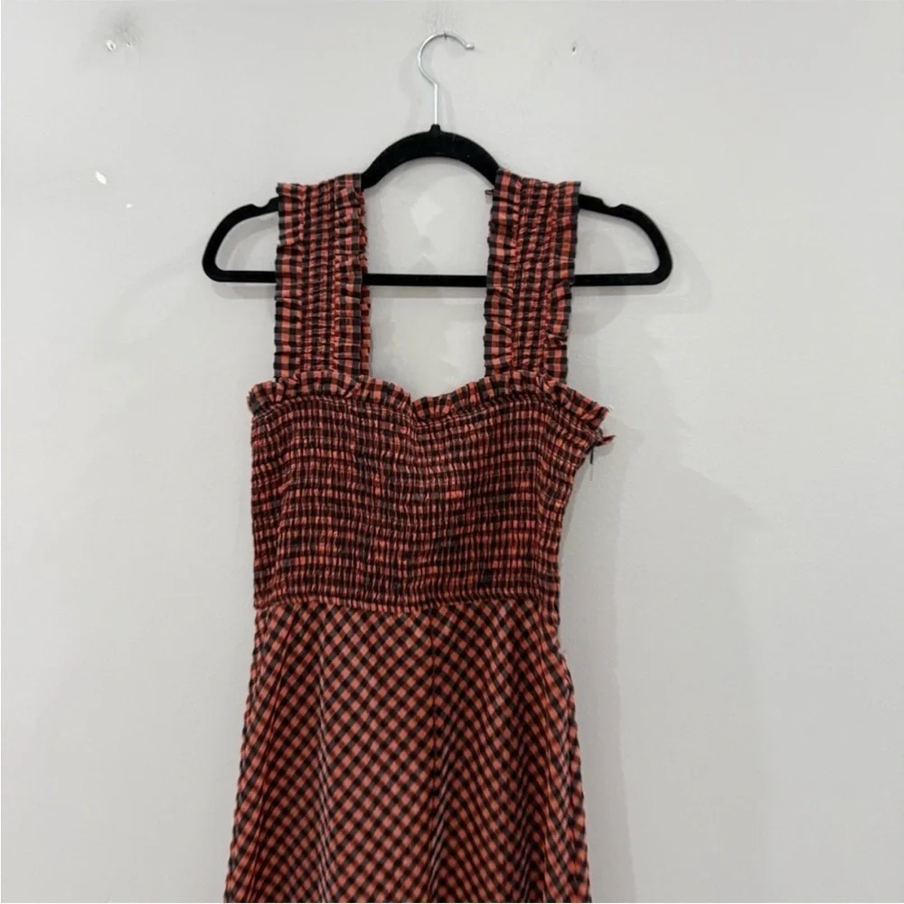 Ganni Dress Seersucker Midi Smocked in Flame Check Red